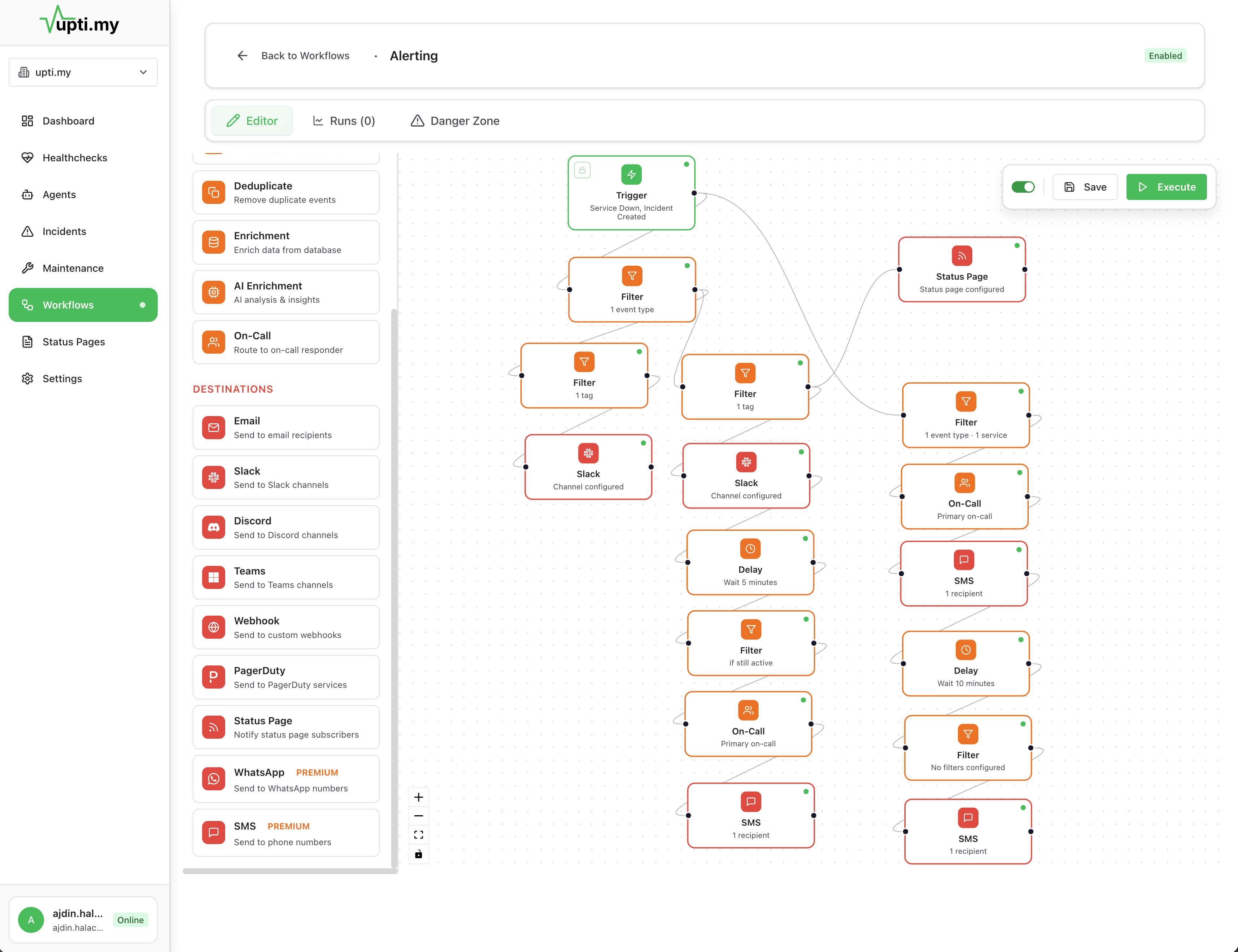 Alert workflow builder showing routing rules: staging alerts to Slack, production API errors with SMS escalation, database failures with immediate SMS