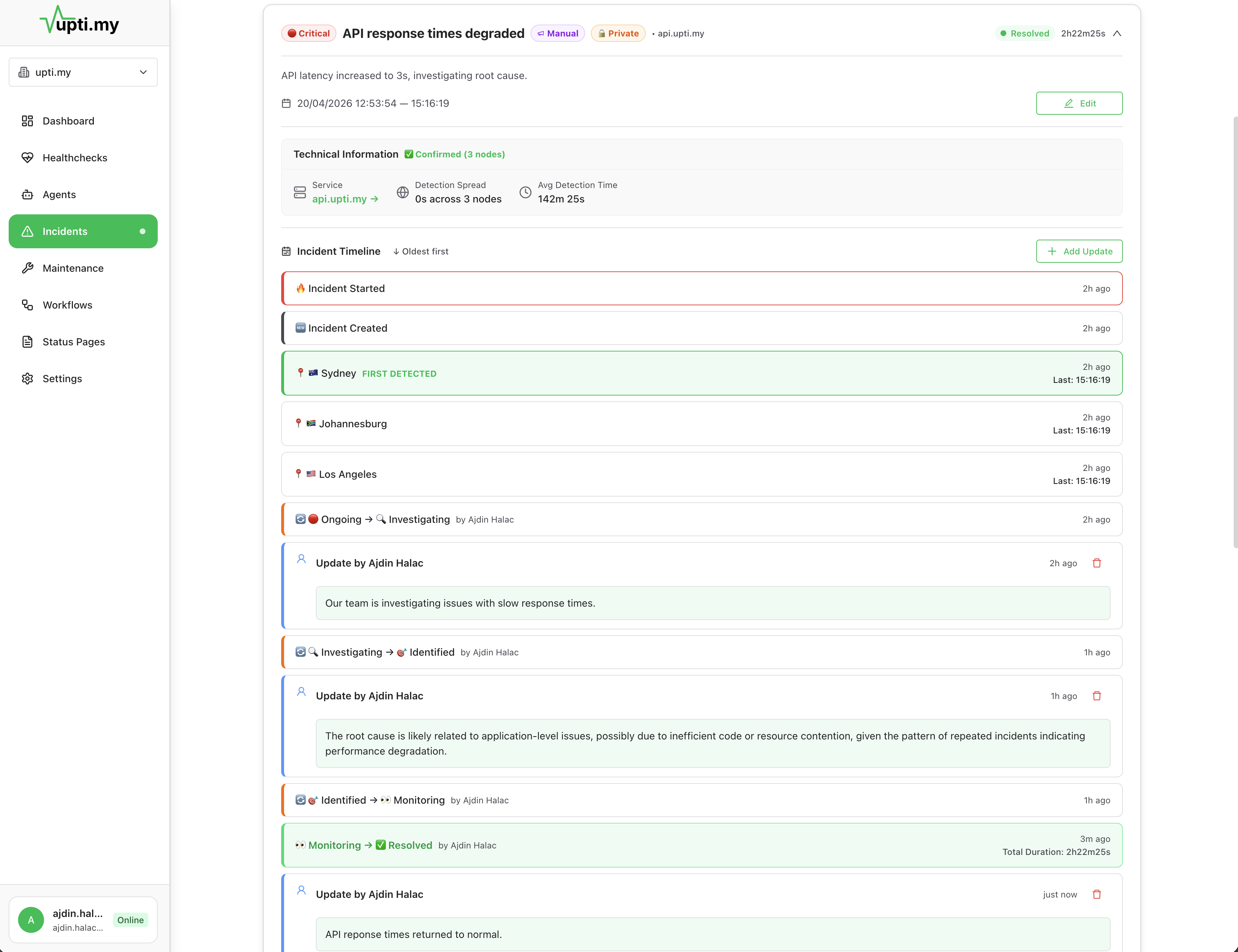 Incident detail page showing timeline, affected check, response data, notification log, and self-healing action status