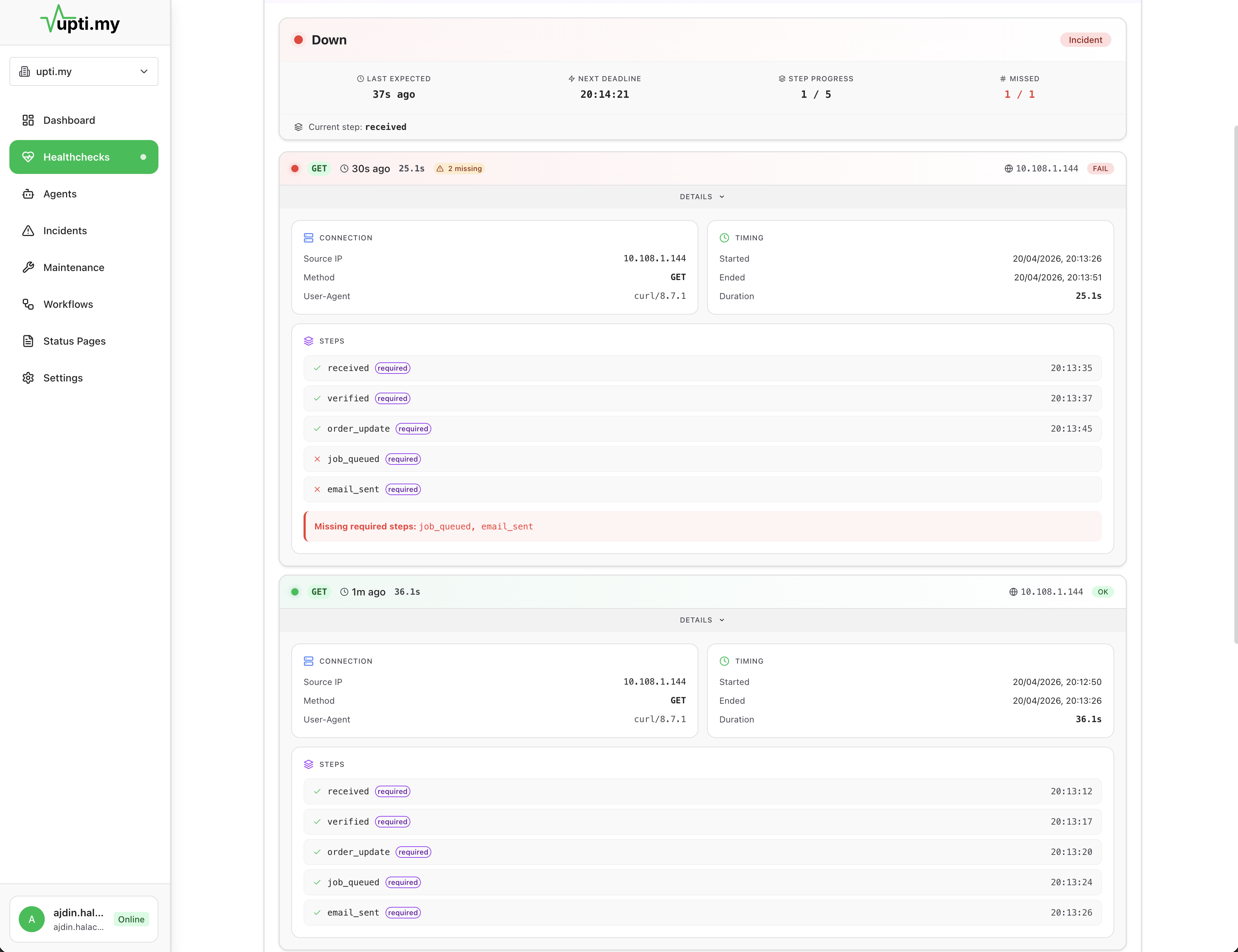 Webhook monitoring view showing receipt, validation, and processing status with the failed step highlighted