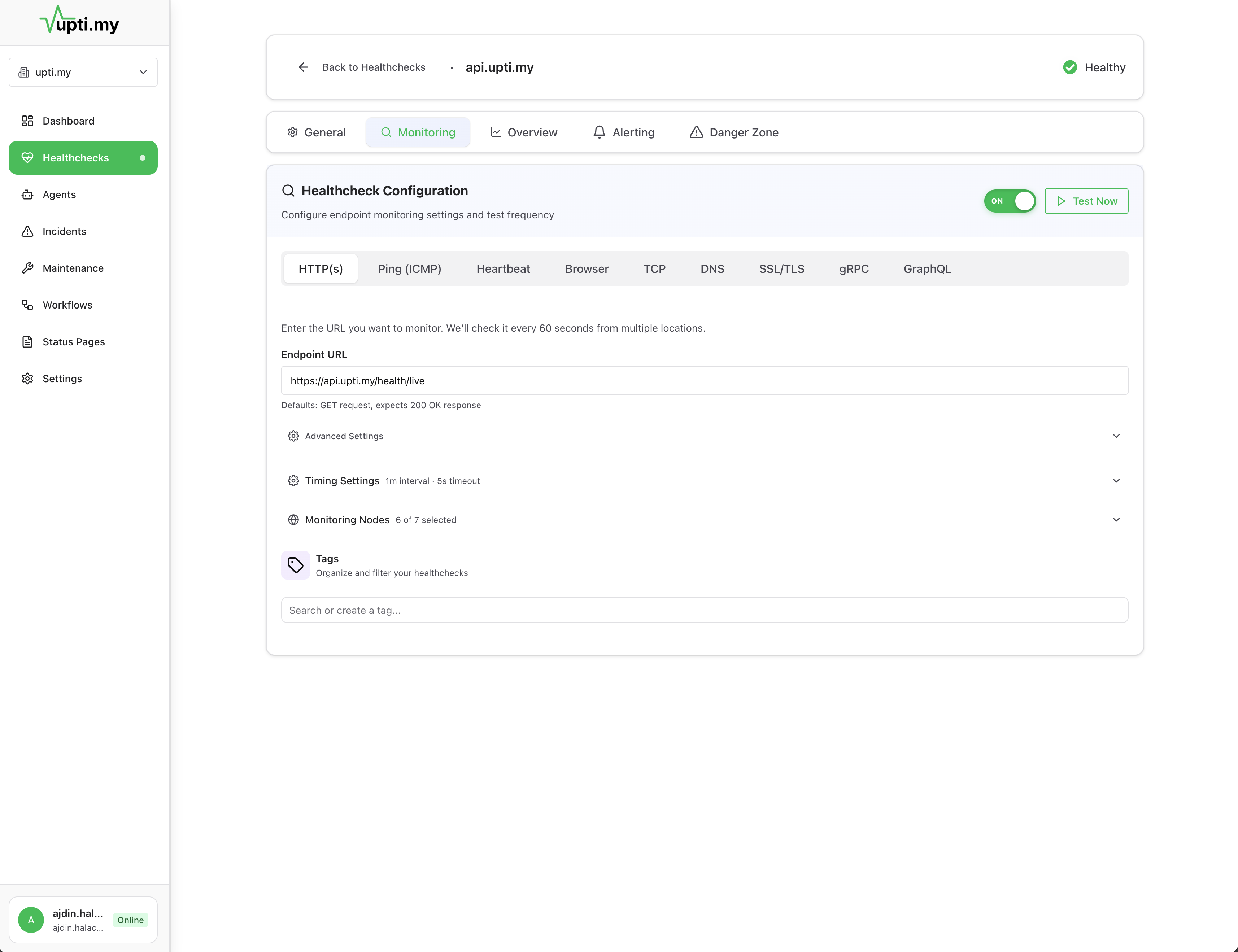 Monitoring dashboard showing check types overview with status indicators for HTTP, gRPC, cron, webhooks, workflows, SSL, and DNS