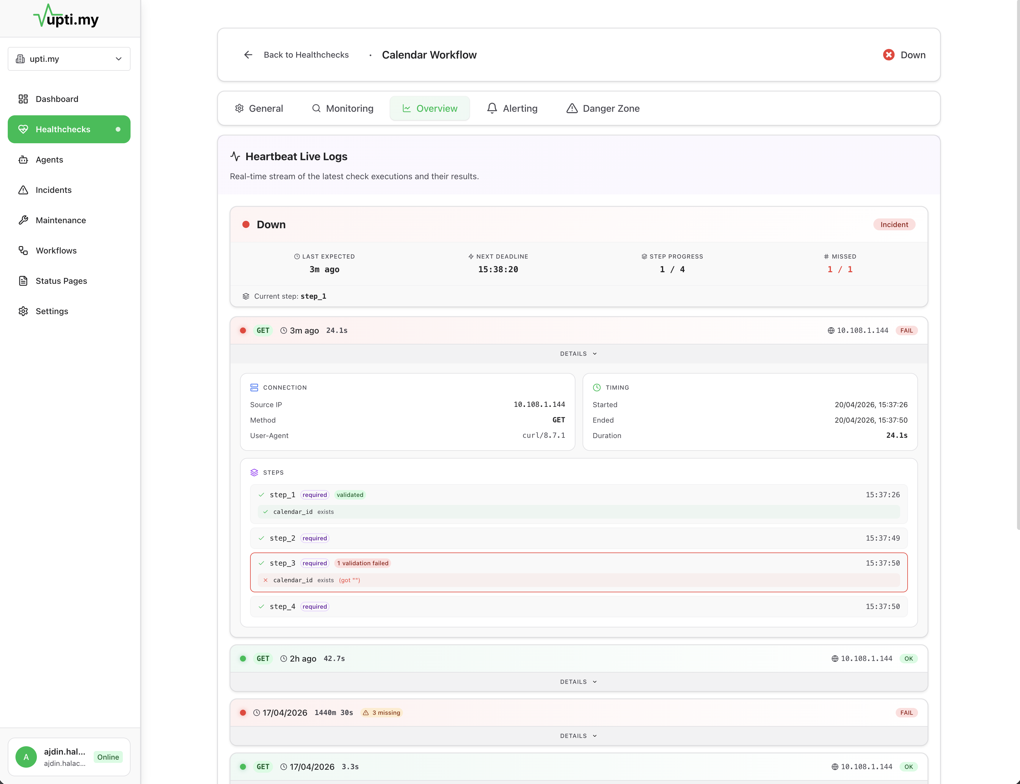 Workflow step timeline showing pass/fail status for each step in a monitored workflow